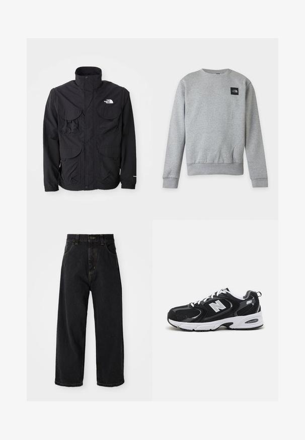 Schwarze Jacke mit hohem Kragen, zwei vorderen Klapptaschen, einem Reißverschluss und einem Logo auf der oberen rechten Seite. Leichtes, Outdoor-Design.; Schlichter hellgrauer Sweatshirt mit Rundhalsausschnitt, langen Ärmeln und einem kleinen schwarzen The North Face Logo-Patch auf der oberen linken Brust.; Schwarze, weit geschnittene Jeans mit hoher Taille, vorderem Knopf, Reißverschluss und gelben Nähten an Taschen und Nähten.; Schwarze und graue Sportschuhe mit Obermaterial aus Mesh und Wildleder, ausgestattet mit einer weißen Zwischensohle, Schnürsenkeln und einem markanten "N"-Logo an der Seite.