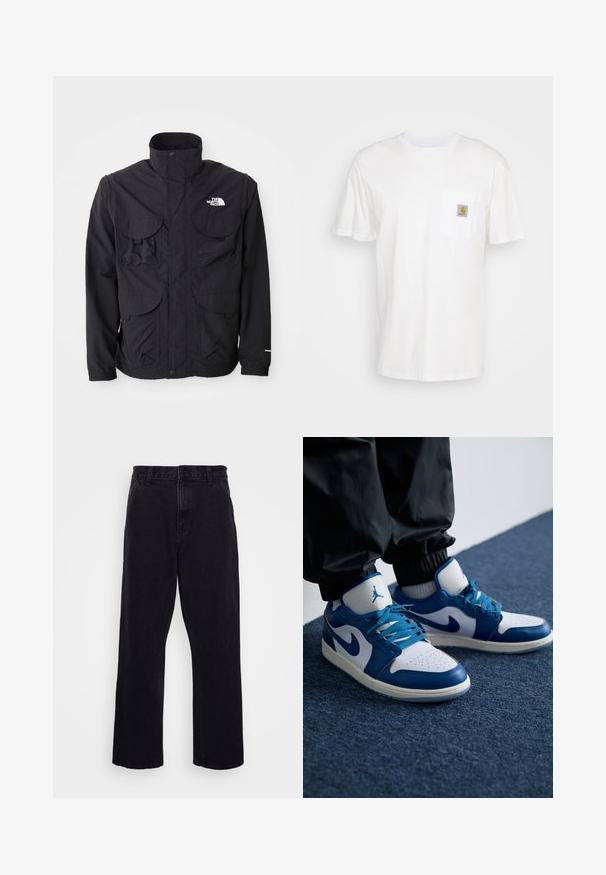 Schwarze Jacke mit hohem Kragen, zwei vorderen Klapptaschen, einem Reißverschluss und einem Logo auf der oberen rechten Seite. Leichtes, Outdoor-Design.; Weißes Baumwoll-T-Shirt mit kurzen Ärmeln, einer Brusttasche und einem kleinen quadratischen Logopatch in Orange und Weiß auf der Tasche.; Schwarze Jeanshose mit geradem Bein, ausgestattet mit einem Knopf- und Reißverschluss, Gürtelschlaufen und minimalen Nähdetails.; Die Nike Air Jordan Sneakers verfügen über eine weiße Lederbasis mit blauen synthetischen Akzenten, einer perforierten Zehenbox und blauen Schnürsenkeln.