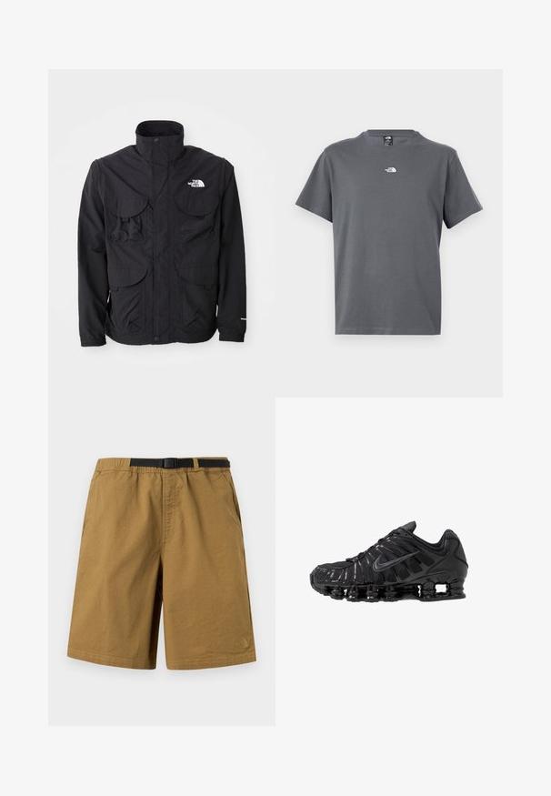 Schwarze Jacke mit hohem Kragen, zwei vorderen Klapptaschen, einem Reißverschluss und einem Logo auf der oberen rechten Seite. Leichtes, Outdoor-Design.; Graues T-Shirt mit kurzen Ärmeln und Rundhalsausschnitt, mit kleinem weißen The North Face-Logo mittig auf der Brust.; Braune Freizeithose mit schwarzem verstellbarem Schnallen-Gürtel, Seitentaschen und dezentem Logo am unteren linken Bein vor einfarbigem Hintergrund.; Schwarze Sportschuhe aus Mesh- und synthetischen Materialien mit einem markanten wellenförmigen Design, schwarzer Gummisohle und reflektierenden Akzenten.