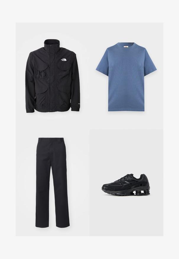 Schwarze Jacke mit hohem Kragen, zwei vorderen Klapptaschen, einem Reißverschluss und einem Logo auf der oberen rechten Seite. Leichtes, Outdoor-Design.; Schlichtes T-Shirt mit kurzen Ärmeln und Rundhalsausschnitt in einfarbigem, gedämpftem Blau, flach auf einem hellgrauen Hintergrund liegend gezeigt.; Schwarze gerade geschnittene Hose aus einem Baumwollmischgewebe. Verfügt über einen flachen Bund mit Gürtelschlaufen und keinerlei sichtbare Hardware oder Verzierungen.; Schwarzer Sportschuh mit Obermaterial aus Mesh, gepolstertem Kragen und hervorgehobener Dämpfungstechnologie an der Ferse. Verfügt über strukturierte Akzente und Schnürsenkel.