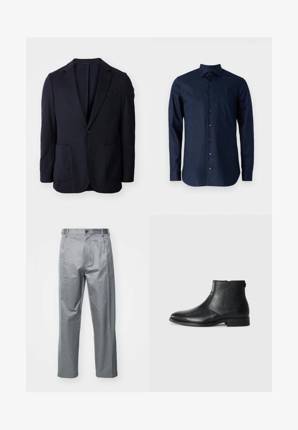 Blazer navy con frente de dos botones, solapas de muesca, dos bolsillos delanteros y una textura suave. Corte recto sin patrones ni acentos visibles.; Camisa de manga larga azul marino de algodón, con diseño abotonado, cuello puntiagudo y botones negros en el frontal.; Pantalones de algodón gris con un diseño de pierna recta, que cuentan con un cierre de botón en la parte delantera, presillas para el cinturón y bolsillos laterales.; Bota de tobillo negra de cuero con punta redonda, textura suave, tacón bajo y detalle de cremallera lateral para facilitar su uso.