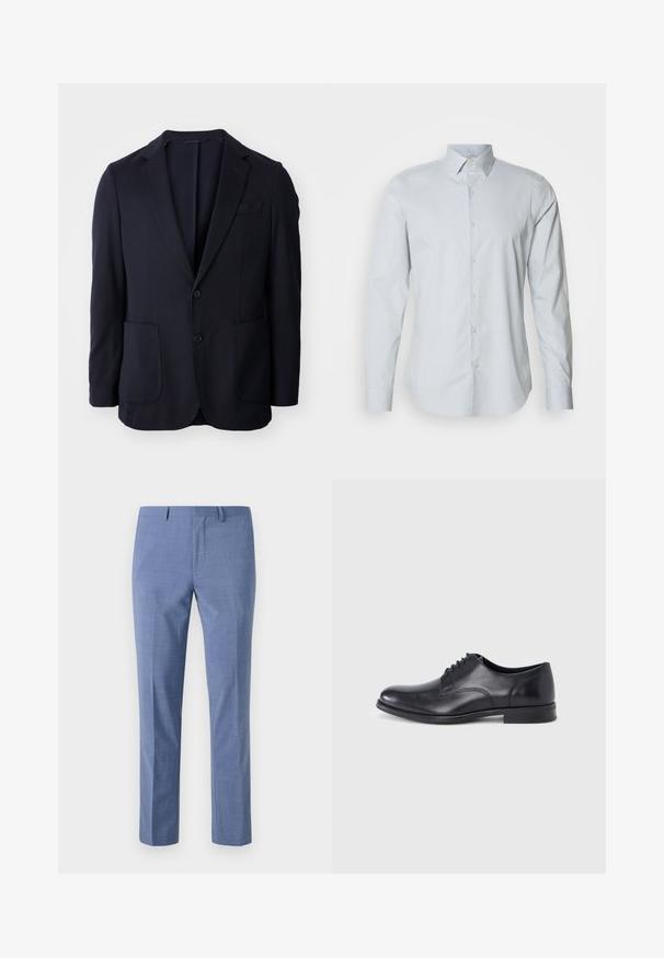 Blazer navy con frente de dos botones, solapas de muesca, dos bolsillos delanteros y una textura suave. Corte recto sin patrones ni acentos visibles.; Camisa de vestir de manga larga azul claro con sutiles rayas verticales, botones en la parte delantera y cuello puntiagudo sobre fondo liso.; Pantalones de vestir azul claro, corte ajustado, tejido texturizado, parte frontal plana, bolsillos laterales inclinados y una cintura suave con pasadores para cinturón.; Zapato oxford de hombre de cuero negro con cierre cerrado y tacón bajo, mostrado en perfil derecho sobre un fondo gris claro liso.