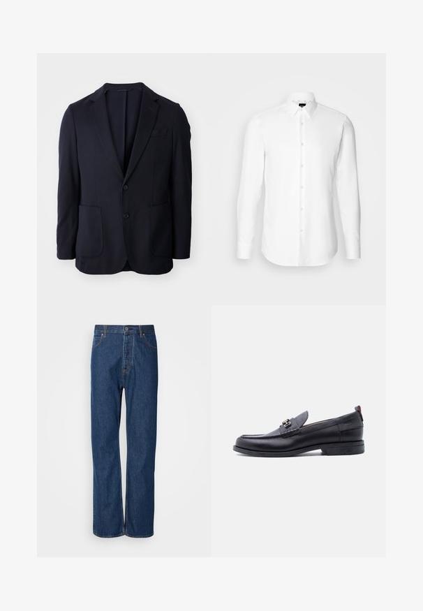 Marineblazer mit einer Front aus zwei Knöpfen, Reverskragen, zwei vorderen Taschen und einer weichen Textur. Gerader Schnitt ohne sichtbare Muster oder Akzente.; Weißes Langarmhemd, vorne mit Knöpfen, klassischer Kragen, aus glattem Stoff mit feiner Textur, für eine figurnahe Passform entworfen.; Blaue Jeans aus Denim mit geradem Bein, ausgestattet mit einem Knopfverschluss, fünf Taschen und kontrastierenden Nähten entlang der Säume.; Schwarzer Lederloafer mit grauem, strukturiertem Vorderblatt, silberner Metallschnalle, niedrigem Absatz und Zuglasche hinten.
