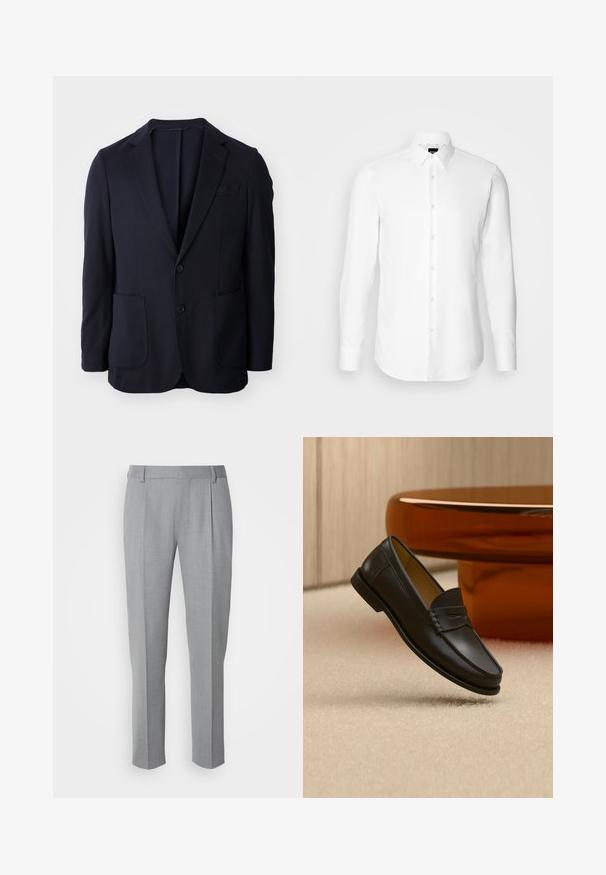 Marineblazer met een twee-knops sluiting, notch revers, twee voorzakken en een zachte textuur. Rechte snit zonder zichtbare patronen of accenten.; Witte blouse met lange mouwen, knoopsluiting aan de voorkant, klassieke kraag, gemaakt van gladde stof met een subtiele textuur, ontworpen voor een aansluitende pasvorm.; Grijze op maat gemaakte broeken met een gladde textuur, voorzien van een platte voorkant, rechte pijpen en subtiele plooien voor extra details.; Zwarte leren loaferschoen zwevend boven een beige tapijt met amberkleurige moderne meubels op de achtergrond.