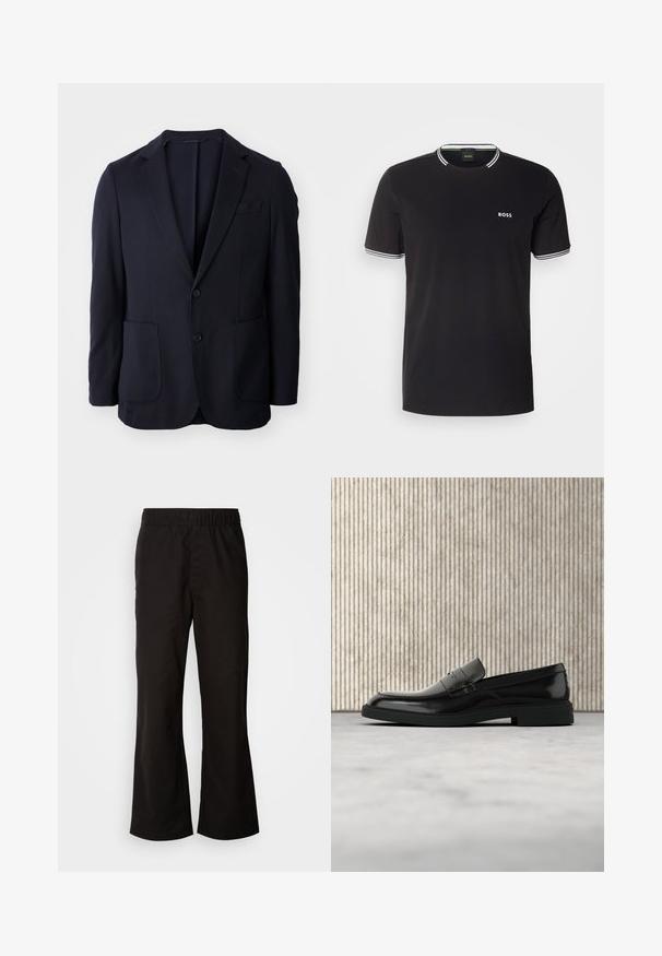 Blazer navy con frente de dos botones, solapas de muesca, dos bolsillos delanteros y una textura suave. Corte recto sin patrones ni acentos visibles.; Camiseta de algodón negra con ribete blanco en el cuello y las mangas, que presenta un pequeño logotipo blanco de "BOSS" en el pecho izquierdo.; Pantalones con cintura elástica negra y forma acampanada, confeccionados en suave tela de algodón. Presentan un diseño sencillo y aberturas de pierna rectas.; Zapato loafer de cuero negro pulido flotando sobre una alfombra beige con muebles translúcidos naranjas de fondo.