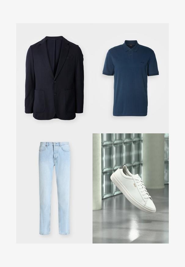 Blazer navy con frente de dos botones, solapas de muesca, dos bolsillos delanteros y una textura suave. Corte recto sin patrones ni acentos visibles.; BOSS Polo - open blue; Vaqueros de mezclilla azul claro de corte recto, con cinco bolsillos, trabillas para cinturón y cierre delantero con botón y cremallera.; Zapatilla deportiva de piel blanca de corte bajo con cordones, lengüeta negra en el talón y logo "BOSS", flotando en interiores cerca de una pared de bloques de vidrio y suelo pulido.