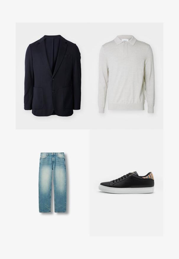 Marineblazer met een twee-knops sluiting, notch revers, twee voorzakken en een zachte textuur. Rechte snit zonder zichtbare patronen of accenten.; NN.07 EMERSON - Longsleeve - white pepper; Lichtblauwe denim jeans met rechte pijpen, vervaagde dijbeenzones, voorzakken, riemlussen en knoopsluiting.; Zwarte leren sneaker met een witte rubberen zool, voorzien van een gestreepte multicolor accent aan de hiel en een zwarte vetersluiting met gouden oogjes.