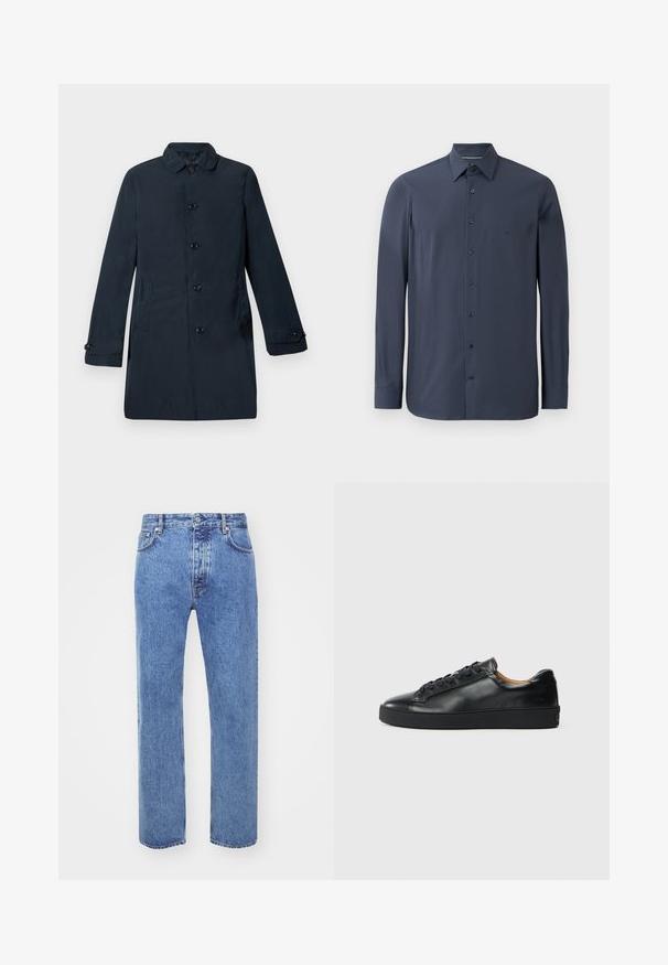 Manteau long bleu marine en tissu lisse, avec un col, des boutons sur le devant et des poches latérales. Design simple et coupe droite.; Chemise à manches longues bleu marine en tissu doux, avec un col boutonné et des boutons noirs sur le devant. Détail de texture subtile visible.; Won Hundred STEVE - Jean boyfriend - cut blue; Baskets en cuir noir avec une texture lisse, bout rond et fermeture à lacets. Comprend une semelle en caoutchouc épaisse et un minimum de détails de marque.