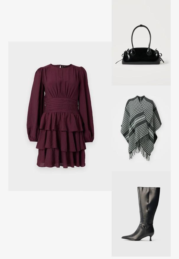 Μαύρο και άσπρο καρό poncho με κρόσσια στις άκρες, φτιαγμένο από μαλακό ύφασμα, με ριχτό σχέδιο και άνοιγμα σε v στην κορυφή.; Βουργουνδί ντυμένο φόρεμα με μακρύ φουσκωτό μανίκι, σμιλευμένη μέση και υφασμάτινη υφή. Διαθέτει ραφές στο στρίφωμα.; Μαύρη δερμάτινη μπότα μέχρι το γόνατο με μυτερό μπροστινό μέρος και χαμηλό τακούνι στιλέτο, εμφανίζεται σε απλό φωτεινό φόντο.; Μικρή μαύρη γυαλιστερή τσάντα με δύο μακριές λαβές και λεπτομέρειες με ρυθμιζόμενο κορδόνι στο πλάι σε απλό ανοιχτό φόντο.