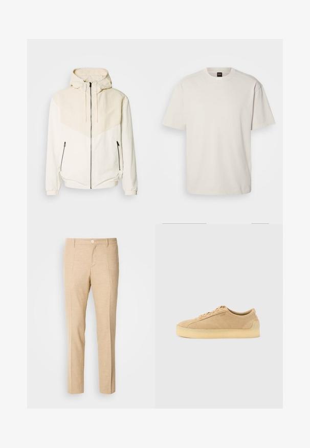 Μαύρο μπουφάν με κουκούλα σε off-white απόχρωση, με αντίθετο φωτεινό μπεζ πάνελ. Διαθέτει κλείσιμο με φερμουάρ και πλαϊνές τσέπες με φερμουάρ. Λείος υφή.; T-shirt με κοντά μανίκια, σε στυλ crew-neck, σε ελαφρύ λευκό βαμβάκι, με ίσια γραμμή και ελάχιστη επωνυμία στον γιακά. Απαλή υφή, χωρίς σχέδια.; Μπεζ ραμμένα παντελόνια με υφή, ίσια γραμμή, πιέτες μπροστά και κουμπί στο μέσο της μέσης.; Μπεζ σουέντ αθλητικό παπούτσι χαμηλού προφίλ με χοντρή σόλα από καουτσούκ, μπροστινό σύστημα κορδονιών και διακριτικό πλευρικό λογότυπο σε απλό ανοιχτό γκρι φόντο.