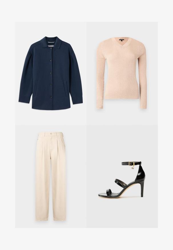 Marineblå jakke med krave, frontknapper, sidelommer og en afslappet pasform med brede ærmer. Lavet af blødt stof.; Lyserød ribbet langærmet sweater med V-udskæring. Fremstillet af blødt materiale, med en figursyet pasform og tekstureret overflade.; Beige plisserede bukser lavet af bomuldsblanding. Har lynlås foran, knaplukning og sidelommer med en afslappet pasform og lige ben.; Sorte patenterede lædersandaler med tre stropper, ankelspænde og 10 cm stiletthæl. Har detaljer i guld og et logo charms.