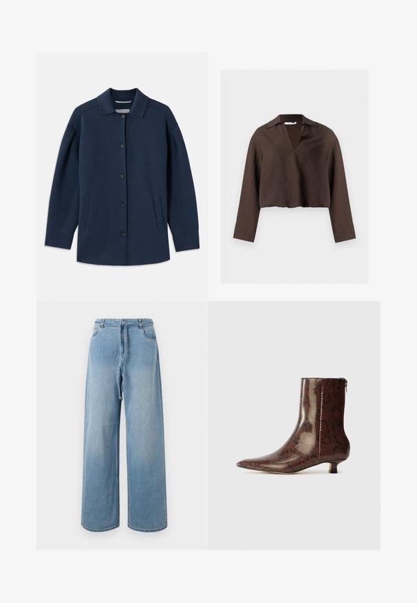Marineblaue Jacke mit Kragen, vorderem Knopfverschluss, seitlichen Taschen und einem lockeren Schnitt mit weiten Ärmeln. Hergestellt aus weichem Stoff.; Braune kurz geschnittene Bluse mit langen Ärmeln, offenem V-Ausschnitt und Kragen, aus strukturiertem Stoff, dargestellt auf hellem einfarbigem Hintergrund.; Hellblaue Denimweitbeinhosen mit hoher Taille, featuring vordere Taschen, einem Bindegürtel und einer verwaschenen Textur.; Braun gefärbter Ankle-Boot mit Schlangen-Muster, spitzem Zehenbereich, niedrigem Kitten-Heel und einem Reißverschluss hinten, aus glänzendem synthetischem Material.