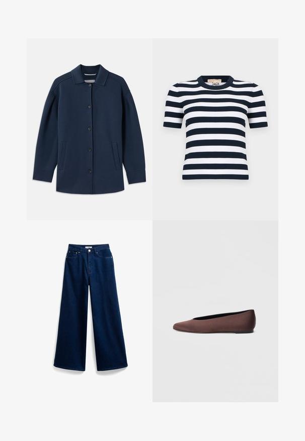 Marineblaue Jacke mit Kragen, vorderem Knopfverschluss, seitlichen Taschen und einem lockeren Schnitt mit weiten Ärmeln. Hergestellt aus weichem Stoff.; Kurzärmeliges, geripptes Stricktop mit navyblauen und weißen horizontalen Streifen und einem Rundhalsausschnitt.; weit geschnittene dunkelblaue Denim-Jeans mit hoher Taille, ausgestattet mit klassischem Fünf-Taschen-Design und einem vorderen Knopfverschluss. Glatte Textur.; Braune Ballettschuhe aus Stoff mit spitz zulaufender Spitze und glatter Textur, ausgestattet mit einem niedrigen Rückenteil und einer dünnen schwarzen Sohle. Keine sichtbaren Muster oder Verzierungen.