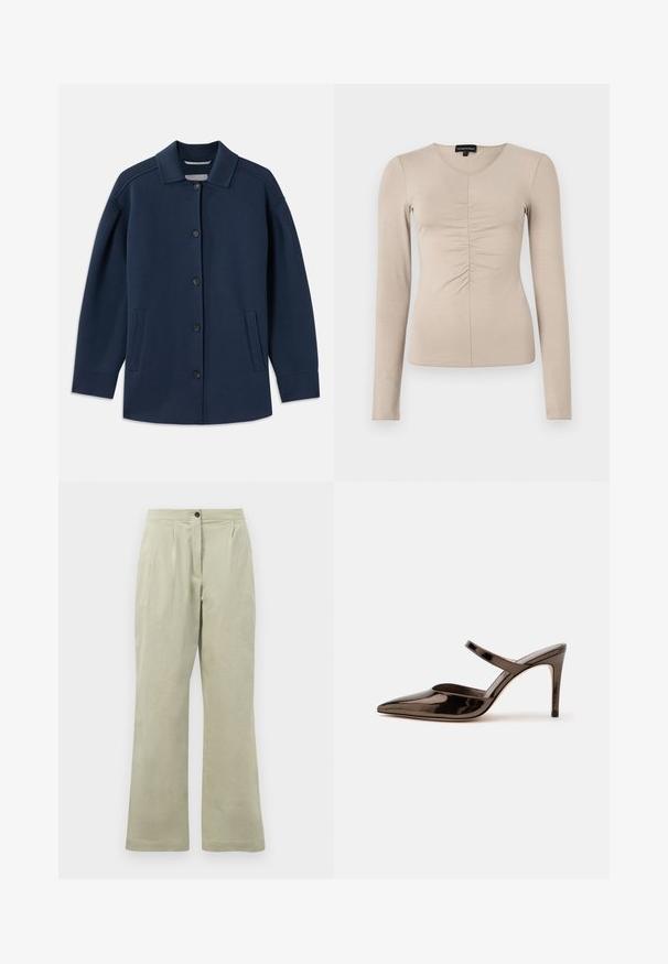 Marineblå jakke med krave, frontknapper, sidelommer og en afslappet pasform med brede ærmer. Lavet af blødt stof.; Langærmet bluse med V-hals i let beige stof. Har rynkedetaljer i midten foran. Blød, glat tekstur.; Lysgrønne brede bukser lavet af blødt stof, med en frontknaplukning, plisseringer og en ren kant.; Skinnende mørkebrune mule med spids tå og høje hæle med en tynd rem over foden på en ensfarvet hvid baggrund.
