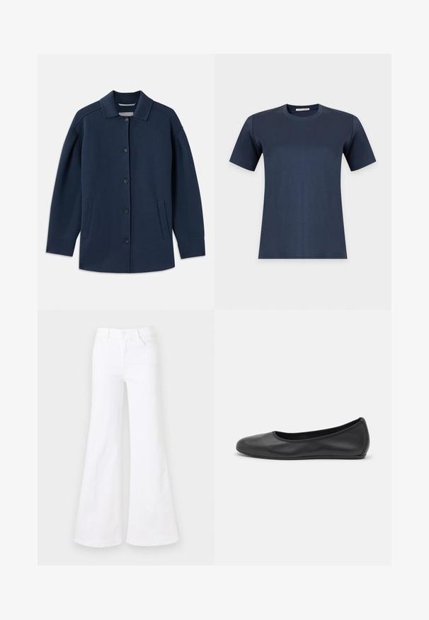 Marineblauwe jas met een kraag, knopen aan de voorkant, zijzakken en een ontspannen pasvorm met brede mouwen. Gemaakt van zachte stof.; Effen marineblauw T-shirt met korte mouwen en ronde hals, afgebeeld op een witte achtergrond.; Witte flared jeans van denim, met een hoge taille, een ontwerp met vijf zakken en een knoopsluiting aan de voorkant. Gladde textuur.; Zwarte leren ballerina met een ronde neus, gladde textuur, minimale stikdetails en een flexibele zoolontwerp.