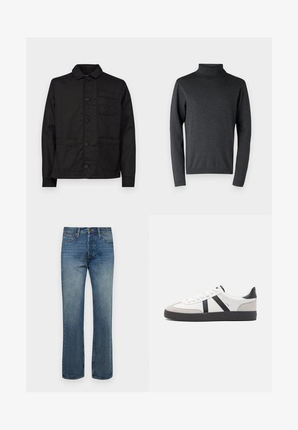 Must mustam cotton jakk, millel on krae, nööpidega ees ja üks rinnatasku. Tootel on kaks eesolevat klapiga taskut ja lame äär.; Tumehall villane kaelussweater, mis on valmistatud pehmest materjalist, millel on pikad varrukad ja ribakootud mansetid ning hem, ühtlase ja siledaga tekstuuriga.; Meeste sinised teksapüksid sirge säärega, millel on ühe nupuga sulgus, ees olevad taskud ja kerge kulutatud tekstuur.; Valged tossud mustade ja hallide aktsentidega, tekstureeritud halli varbakattega, musta kummitald ja lamedad valged paelad. Puhtad jooned, minimalistlik stiil.