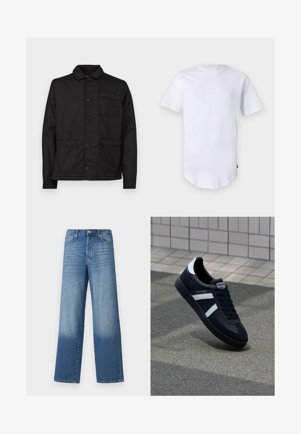 Sort bomuldsjakke med krave, knappelukning foran og en enkelt brystlomme. Har to forreste påsyede lommer og en lige kant.; Hvid kortærmet t-shirt lavet af bomuld. Rund halsudskæring med en buet kant. Etiket synlig på nederste venstre side. Glat tekstur.; Blå højtaljede strækte jeans med falmede områder på lårerne og mørkere skygger nær kanten, synlig frontknap og lommer.; Sort lædersneaker med hvide striber, tekstureret gummisål og snørrebånd foran. Har et brandet mærke på tungen.