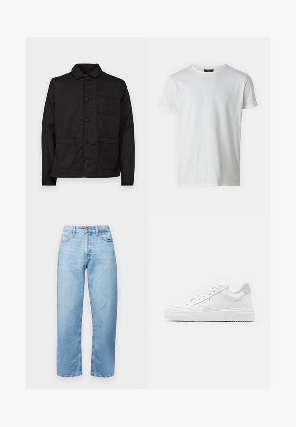 Must mustam cotton jakk, millel on krae, nööpidega ees ja üks rinnatasku. Tootel on kaks eesolevat klapiga taskut ja lame äär.; Valge lühikeste varrukatega ümardatud kaelusega t-särk, mis on valmistatud siledast puuvillast. Kaelusel on silt. Lihtne ja tavaline disain.; Heledad sinised teksad sirge lõikega, viiega taskuga ja nööbiga kinni. Sile tekstuur ja minimaalne kulumine koos tikanditega.; Valged nahast spordijalatsid siledast nahast viimistlusega, ümarate varvastega, lamekestega ja tekstuuriga tallaga. Hall suede aktsent kanna juures.