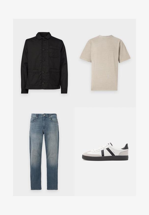 Zwarte katoenen jack met een kraag, knopen aan de voorkant en een enkele borstzak. Beschikt over twee voorzakken en een rechte zoom.; Korte mouwen t-shirt in licht beige met een ronde hals, gemaakt van zacht materiaal, met een gladde textuur en een eenvoudig ontwerp zonder graphics.; Lichtblauwe spijkerbroek met een rechte pasvorm, vijf zakken, metalen knoopsluiting en subtiele vervaging aan de voorkant.; Witte sneaker met zwarte en grijze accenten, voorzien van een grijze neus met textuur, zwarte rubberen zool en platte witte veters. Schoon ontwerp, minimalistische stijl.