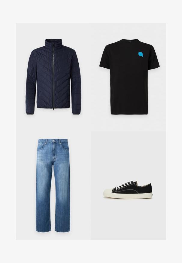Chaqueta aislante de color azul marino con un alto cuello, patrón de costura en chevrón, cierre frontal de cremallera y puños elásticos. Material sintético ligero y elegante.; Camiseta negra de manga corta con un pequeño gráfico azul de una cara con gafas de sol y un pañuelo en la cabeza en la parte superior izquierda del pecho.; Vaqueros azul rectos con bolsillos delanteros, trabillas para cinturón, cierre de botón y sutiles zonas descoloridas en muslos y rodillas.; Zapatillas de lona negras con costuras blancas, puntera redonda de goma y cordones blancos. Presentan un upper de tejido texturizado y suela beige.
