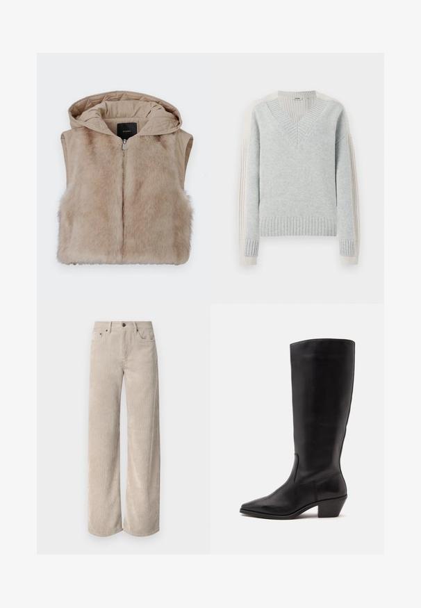 Beige ærmeløs vest med pels foran og kviltet stof bagpå. Har hætte og frontlynlås. Blød tekstur og enkelt design.; DRYKORN PASELIA - Striktrøje - grey; Beige corduroy bukser med vidde og lodrette striber, der har knaplukning og frontlommer. Blødt, tekstureret stof med en afslappet pasform.; Sort læderstøvle til midtkalv med spids tå og lavt skråt hæl på en enkel lys baggrund.