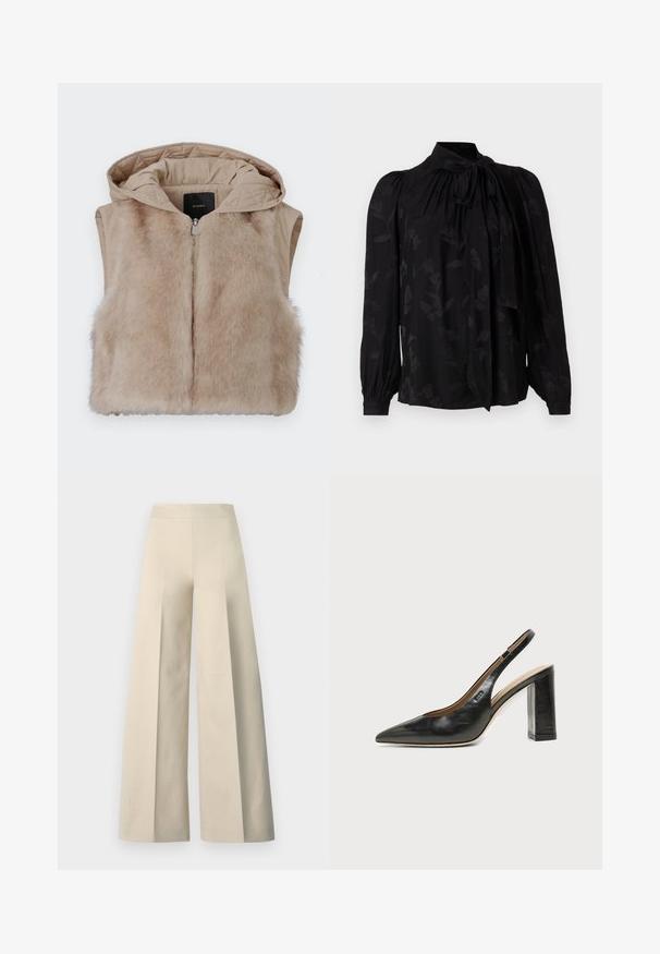 Beige ærmeløs vest med pels foran og kviltet stof bagpå. Har hætte og frontlynlås. Blød tekstur og enkelt design.; Sort bluse med høj krave og bindedetalje. Har et subtilt blomstermønster og puffede lange ærmer med sammensnørede manchetter. Glat tekstur.; Beige vide bukser med en glat tekstur, høj talje og dybe folder foran. Har et bredt og flagrende snit.; Sort læder peep-toe slingback sko med høj blokhæl og beige indvendig foring mod en ensfarvet lys baggrund.