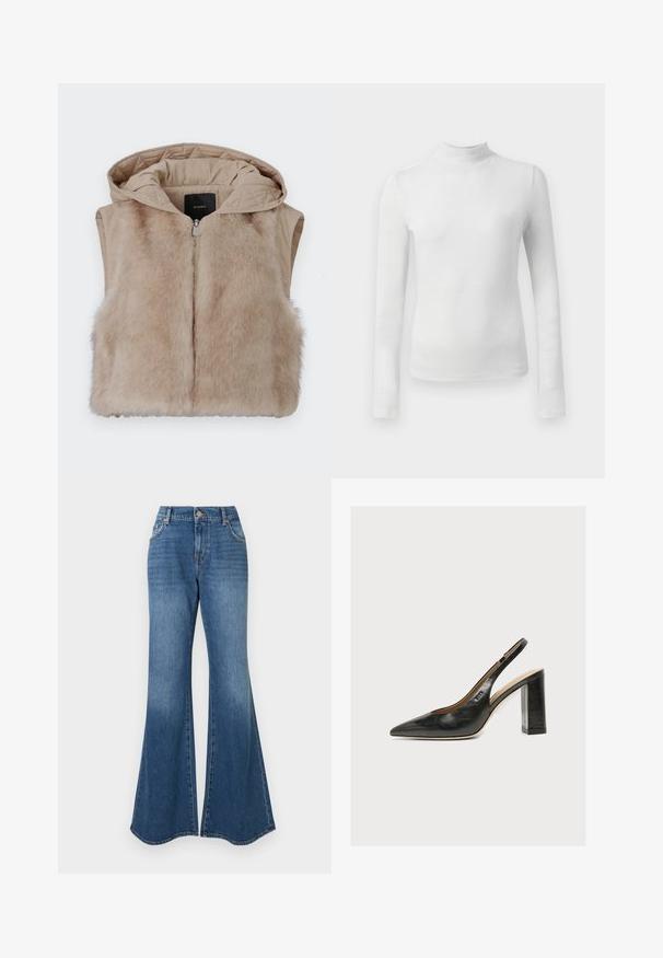 Beige ærmeløs vest med pels foran og kviltet stof bagpå. Har hætte og frontlynlås. Blød tekstur og enkelt design.; Hvid langærmet turtleneck top lavet af et struktureret, glitrende materiale. Har en tætsiddende pasform og en høj halsudskæring.; Blå flagrende jeans i klassisk denimmateriale, høj talje og subtil falming med en bred ankelåbning, ingen synlige udsmykninger.; Sort læder kvindesko med slingback, spids tå og tyk blokhøj hæl på hvid baggrund.