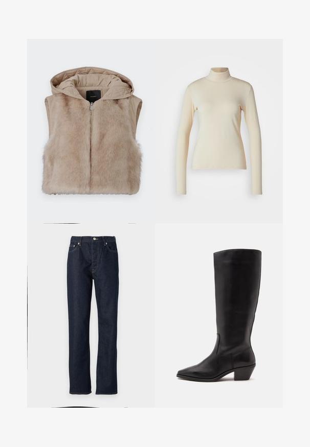 Beige ærmeløs vest med pels foran og kviltet stof bagpå. Har hætte og frontlynlås. Blød tekstur og enkelt design.; Cremefarvet langærmet turtleneck top lavet af glat, strækbart stof; tætsiddende design med høj hals og ingen synlige mønstre eller detaljer.; Mørkeblå denimbukser med lige pasform, featuring knap- og lynlåslukning, femlommerdesign og kontrastsyninger.; Sort læderstøvle til midtkalv med spids tå og lavt skråt hæl på en enkel lys baggrund.