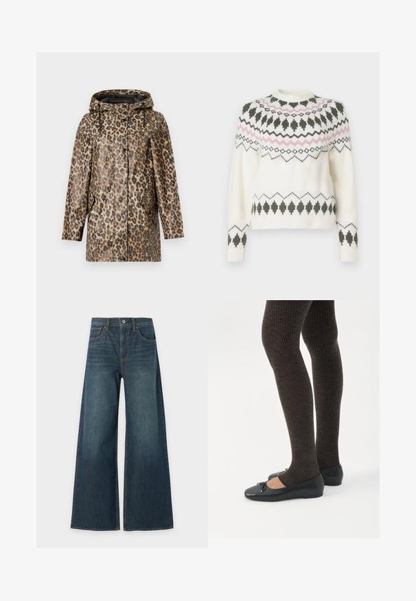 Leopardprint regenjas met een capuchon, voorzien van een knoopsluiting en zijzakken. Geplaatst tegen een effen witte achtergrond.; Witte gebreide trui met zwarte en roze geometrische patronen over de borst, mouwen en zoom, met een ronde halslijn en geribbelde manchetten.; Wijde blauwe spijkerbroek met vijf zakken, knoopsluiting en zichtbare bruine stiksels, plat weergegeven op een witte achtergrond.; Benen met donkere geribbelde leggings gecombineerd met zwarte ballerina's met kleine strikdetails op een witte achtergrond.