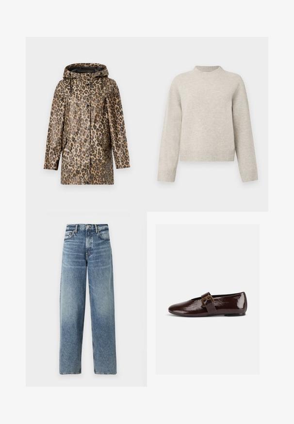Regnfrakke med leopardmønster og hætte, med knaplukning og sidelommer. Sat mod en ensfarvet hvid baggrund.; Lysegrå, chunky striktrøje med rund halsudskæring, dropped shoulders og ribbede manchetter og kant. Blød tekstur, afslappet pasform.; Lyseblå denimjeans med lige pasform, høj talje og subtile falmninger. Har fem lommer og knaplukning.; Mørkebrun laklædersko med stor guldlås og rund tå, vist i sideprofil på hvid baggrund.