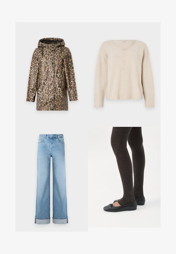 Imperméable à motifs léopard avec une capuche, doté d'une fermeture à boutons et de poches latérales. Présenté sur un fond blanc uni.; Pull en tricot beige avec un col en V, des poignets et un ourlet côtelés. Présente un design de couture centrale et une coupe ample. Matière douce et texturée.; Jean large bleu clair en denim classique avec une taille haute, présentant des ourlets retroussés et des coutures visibles.; Jambes portant des leggings côtelés foncés associés à des ballerines noires avec de petits détails en nœud sur fond blanc.