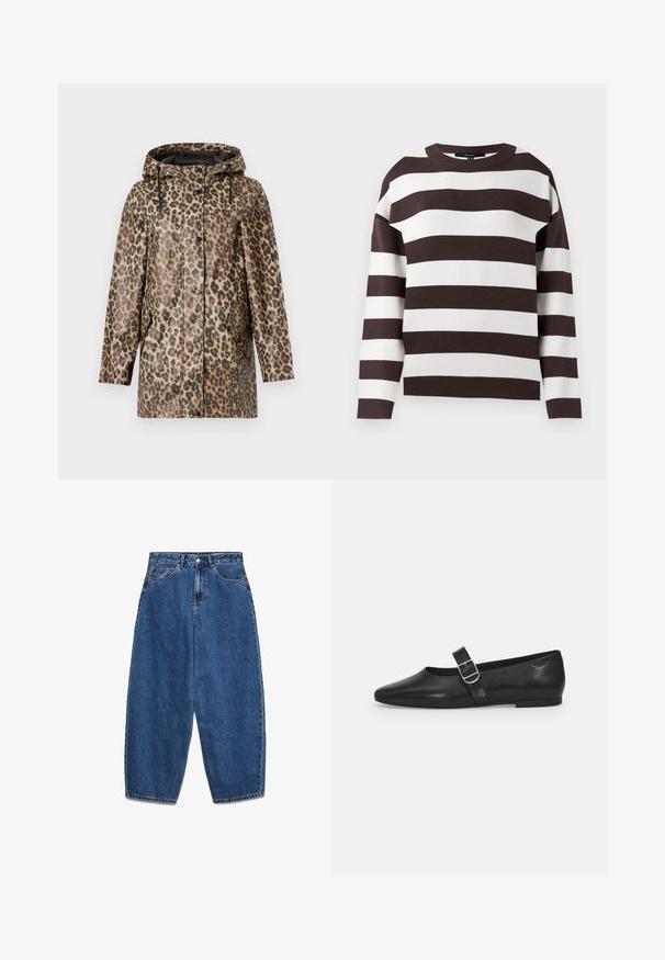 Regnfrakke med leopardmønster og hætte, med knaplukning og sidelommer. Sat mod en ensfarvet hvid baggrund.; Brun og hvid stribet sweater, rund halsudskæring, strikket tekstur, brede horisontale striber, afslappet pasform med droppede skuldre.; Blå denimjeans med høj talje, afslappet pasform og lige ben. Klassisk design med fem lommer, lynlås og knaplukning.; Sorte læder flade sko med rund tå, et enkelt justerbart spænde og en glat, blank overflade. Minimalistisk design med en lav hæl.