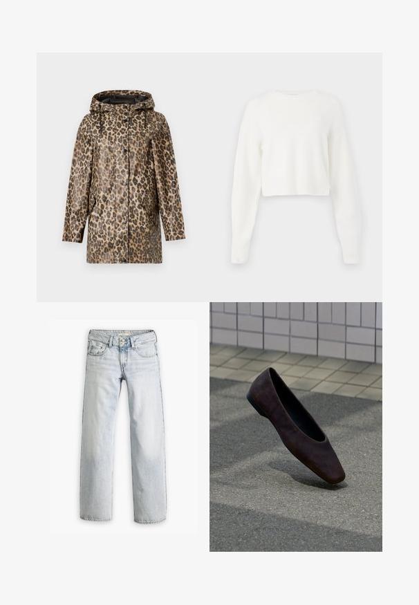 Regnfrakke med leopardmønster og hætte, med knaplukning og sidelommer. Sat mod en ensfarvet hvid baggrund.; Hvid cropped sweater med lange ærmer, ribbet struktur og rund halsudskæring. Lavet af blødt, let materiale.; Lyseblå denimjeans med en afslappet pasform, høj talje og fem-lomme design. Har syning detaljer og knaplukning.; Enkelt mørkebrun flad sko svævende over tekstureret jord med baggrund af flisebelagt væg.