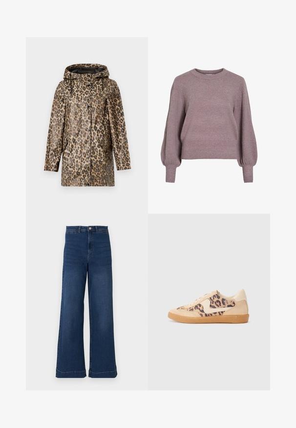 Leopardprint regenjas met een capuchon, voorzien van een knoopsluiting en zijzakken. Geplaatst tegen een effen witte achtergrond.; Gebreide pullover trui in zacht paars, met een ronde hals, lange ballonmouwen en een geribbelde zoom en manchetten voor een textuurafwerking.; Wijdvallende blauwe denim jeans met een hoge taille, voorzien van een knoopsluiting aan de voorkant, vijf zakken en subtiele stikseldetails.; Luipaardprint sneakers met een beige suède bovenkant, tan rubberen zool en witte accenten. Ronde neus en vetersluiting met een gestructureerde afwerking.