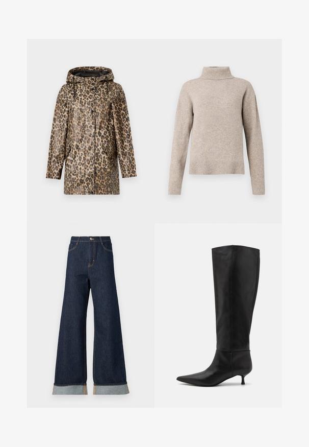 Regnfrakke med leopardmønster og hætte, med knaplukning og sidelommer. Sat mod en ensfarvet hvid baggrund.; Beige rullekrave sweater lavet af blødt strikstof, med ribbet krave og manchetter, afslappet pasform og glat tekstur.; Bredde ben mørk denim jeans med orange syninger, med høj talje, to forlommer og opbrettede manchetter, der viser et lysblåt kontraststof.; Knæhøje sorte læderstøvler med spids tå og kitten-heel. Glat tekstur og minimalistisk design uden synligt hardware eller accenter.