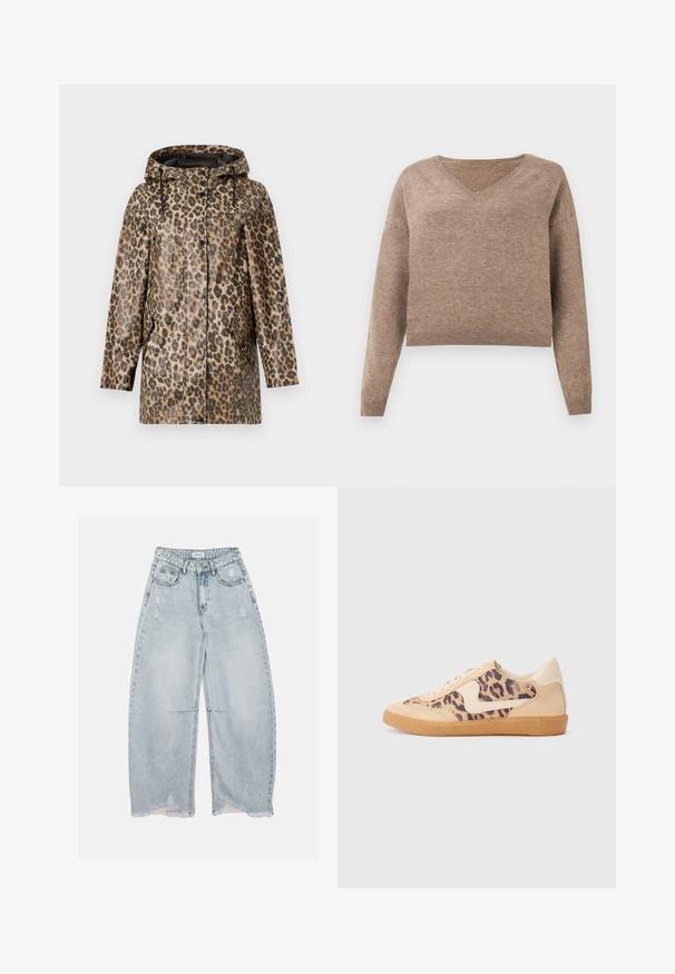 Leopardprint regenjas met een capuchon, voorzien van een knoopsluiting en zijzakken. Geplaatst tegen een effen witte achtergrond.; Lichtbruin gebreid sweater met een V-hals, lange mouwen en geribbelde zoom. Zachte textuur met een iets korter ontwerp en geen zichtbare patronen.; Lichtblauwe wijde denim jeans met versleten details en rafelige zomen, voorzien van voorzakken, riemlussen en een knoopsluiting.; Luipaardprint sneakers met een beige suède bovenkant, tan rubberen zool en witte accenten. Ronde neus en vetersluiting met een gestructureerde afwerking.