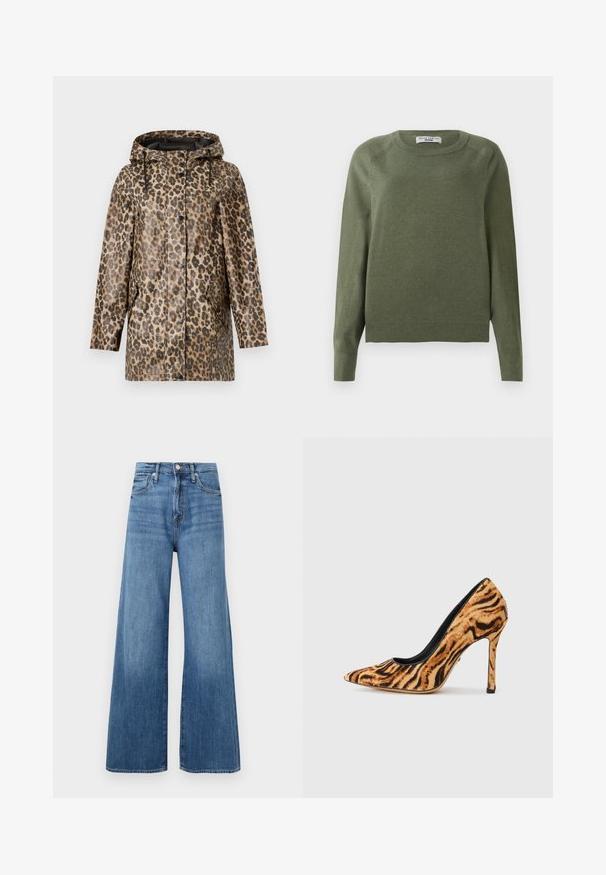 Leopardprint regenjas met een capuchon, voorzien van een knoopsluiting en zijzakken. Geplaatst tegen een effen witte achtergrond.; Olijfgroene pullover sweater van zachte, gestructureerde stof. Klassieke ronde hals, lange mouwen en geribbelde zoom. Eenvoudig, veelzijdig ontwerp.; Blauwe high-waisted wijde jeans met knoop- en ritsluiting, voorzakken en subtiele vervaging op de stof.; Puntige hak schoen met een tijgerprint patroon in oranje en zwart nepbont, met een slanke zwarte binnenkant en slanke stiletto-hak.