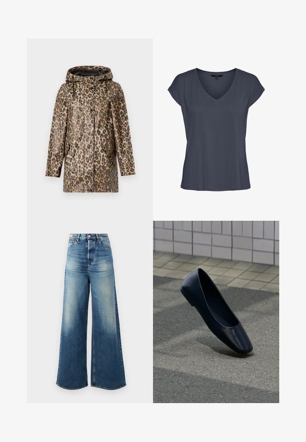 Leopardprint regenjas met een capuchon, voorzien van een knoopsluiting en zijzakken. Geplaatst tegen een effen witte achtergrond.; Donkergrijs dames T-shirt met korte mouwen en V-hals, met een ontspannen pasvorm en licht afhangende schouders, plat weergegeven op een witte achtergrond.; Wijde blauwe denim jeans met een vervaagde afwerking, hoge taille en klassiek vijf-pocket ontwerp. Voorzien van koperen hardware en rafelige zomen.; Zwarte leren platte schoen staat rechtop op een asfaltoppervlak nabij de rand van een betegeld trottoir.