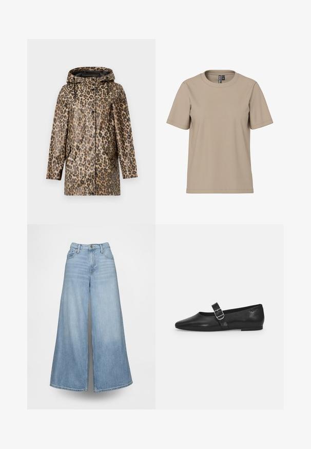 Imperméable à motifs léopard avec une capuche, doté d'une fermeture à boutons et de poches latérales. Présenté sur un fond blanc uni.; T-shirt en coton beige avec un col rond, des manches courtes et une coupe décontractée. Présente des coutures minimales et aucun motif ou accent visible.; Jean denim bleu clair à jambes larges, avec une taille haute, des poches avant et une fermeture à boutons. Le tissu présente un effet délavé.; Chaussure plate en cuir noir avec un bout arrondi, une seule sangle réglable à boucle et une texture lisse et brillante. Design minimaliste avec un petit talon.
