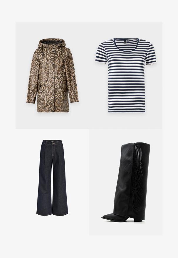 Regnfrakke med leopardmønster og hætte, med knaplukning og sidelommer. Sat mod en ensfarvet hvid baggrund.; Stribet T-shirt med korte ærmer, der har marineblå og hvide vandrette striber, en rund halsudskæring og et blødt bomuldsstof.; Mørkeblå vidde jeans i denim med plisseringer, knaplukning og bæltestropper, vist mod en hvid baggrund.; Sort læder knæhøj støvle med spids tå og dekorativ frynse langs ydersiden mod en ensartet hvid baggrund.
