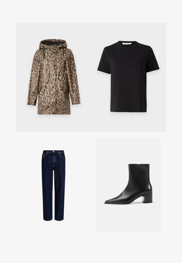 Leopardprint regenjas met een capuchon, voorzien van een knoopsluiting en zijzakken. Geplaatst tegen een effen witte achtergrond.; Zwart T-shirt met korte mouwen, gemaakt van zachte katoen, met een ronde hals, een ontspannen pasvorm en een gladde textuur. Geen zichtbare patronen of opdrukken.; Donkerblauwe denim jeans met een straight-leg ontwerp, voorzien van een hoge taille, vijf zakken en contrasterende stiksels. Geen versieringen.; Zwarte leren enkellaars met een spitse neus, een soepele textuur en een middenblokhak. Minimalistisch ontwerp, ritssluiting aan de achterkant.