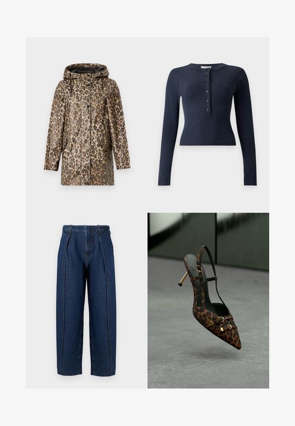 Regnfrakke med leopardmønster og hætte, med knaplukning og sidelommer. Sat mod en ensfarvet hvid baggrund.; Navyblå ribstrikket bluse med lange ærmer, rund halsudskæring og seks sorte knapper ned foran i midten.; Højtaljede, vidde-benet mørkeblå jeans i denim med frontplisseringer og bæltestropper, vist på en ensfarvet hvid baggrund.; Spids tå slingback-hæl i leopardprint stof med guldfarvede hardware-detaljer og en sort sål. 5 cm stilethæl.