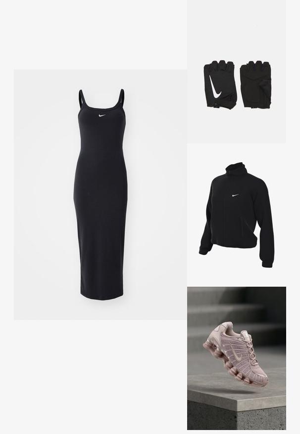 Sort Nike zip-jakke med høj krave, der har en glat tekstur, to sidelommer og et lille hvidt logo på brystet.; Sort tætsiddende midi-kjole med tynde stropper, ribbet tekstur og et lille hvidt Nike-logo på brystet. Minimalistisk design, strækbart stof.; Nike Air Max-sko i lys pink med en mesh-overdel, polstret tunge og en kraftig, gennemsigtig sål med bølgedesign.; Sorte fingerløse træningshandsker lavet af åndbart stof, med et hvidt Nike-logo, polstrede håndflader og et åbent håndledsdesign for fleksibilitet.