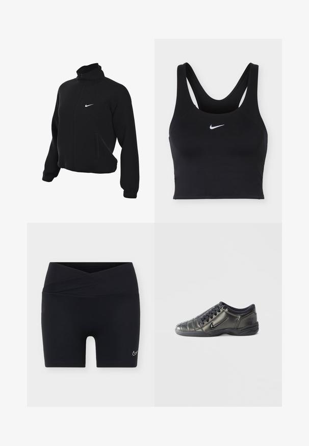 Μαύρο μπουφάν Nike με φερμουάρ και ψηλό γιακά, με λεία υφή, δύο πλαϊνές τσέπες και ένα μικρό λευκό λογότυπο στο στήθος.; Μαύρο αθλητικό σουτιέν Nike με φαρδιές τιράντες και λευκό λογότυπο Nike Swoosh στο κέντρο μπροστά.; Μαύρα αθλητικά σορτσάκια με ζώνη μέσης σε σχήμα σταυρού και μικρό λευκό λογότυπο Nike swoosh στο αριστερό πόδι, σε απλό φόντο.; Μαύρο χαμηλό Nike sneaker με κορδόνια, ραφές και υφή στην σόλα, σε λευκό απλό φόντο.