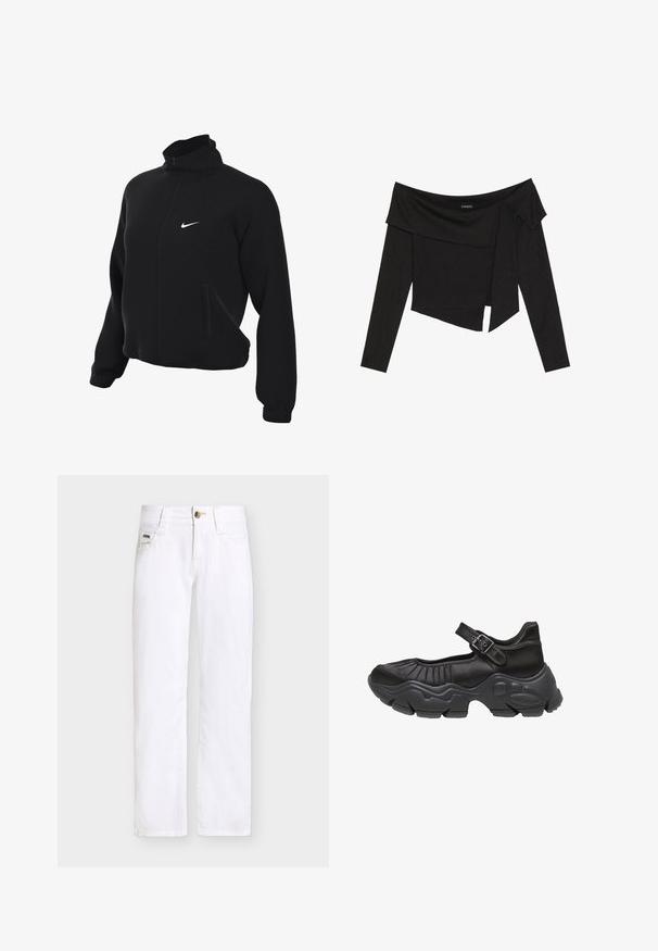 Sort Nike zip-jakke med høj krave, der har en glat tekstur, to sidelommer og et lille hvidt logo på brystet.; Sort off-shoulder top med lange ærmer, der har et lagdelt design og en let cropped kant. Fremstillet af ribbet materiale.; Hvide jeans med lige ben, frontknap og lynlås, bæltestropper samt lommer foran og bagpå på en ensfarvet grå baggrund.; Sort Mary Jane-stil sko med en plisseret satinoverdel, justerbar rem med spænde og en kraftig ydersål i gummi med teksturerede detaljer.