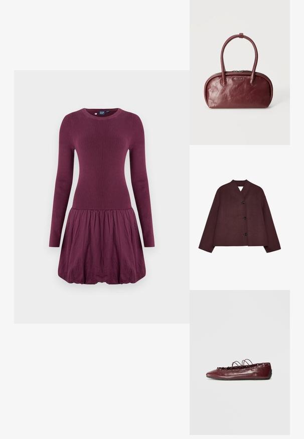 Chaqueta burdeos con un diseño corto, mangas anchas y un escote en V profundo. Presenta cuatro botones negros en la parte delantera y una tela texturizada.; Vestido morado con cuerpo acanalado, mangas largas y falda fruncida. La tela parece suave y de textura ligera.; Bailarina de cuero burdeos con punta afilada, detalles de encaje en la parte frontal y ojales plateados. Suela suave para flexibilidad y comodidad.; Bolso de cuero rojo oscuro con bordes redondeados, dos asas y cierre superior con cremallera, mostrado sobre un fondo claro y liso.
