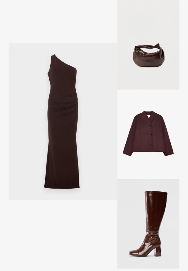 Chaqueta burdeos con un diseño corto, mangas anchas y un escote en V profundo. Presenta cuatro botones negros en la parte delantera y una tela texturizada.; Vestido marrón oscuro, largo hasta el suelo, de un solo hombro con detalle fruncido en el lado derecho de la cintura.; Botas de charol marrones hasta la rodilla con punta cuadrada, acabado brillante y un tacón ancho para mayor estabilidad. Diseño sin costuras sin herrajes visibles.; Bolso de hombro de cuero marrón oscuro con una forma suave y caída, y un asa con nudo torcido sobre un fondo blanco liso.