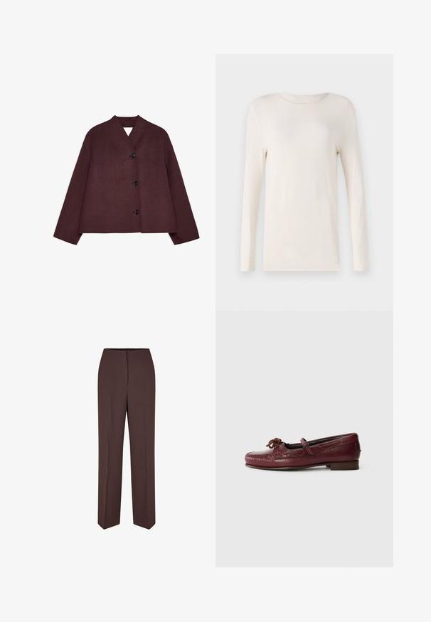 Veste bordeaux avec un design court, des manches larges et un décolleté en V profond. Présente quatre boutons noirs à l'avant et un tissu texturé.; Chemise à manches longues en blanc cassé, fabriquée dans un matériau doux, avec un col rond et un design simple et ajusté. Texture lisse, sans motifs.; Second Female CLASSIC TROUSERS - Pantalon classique - chocolate plum; Mocs en cuir bordeaux avec un bout arrondi, détail de nœud décoratif et couture discrète, montés sur un petit talon plat.