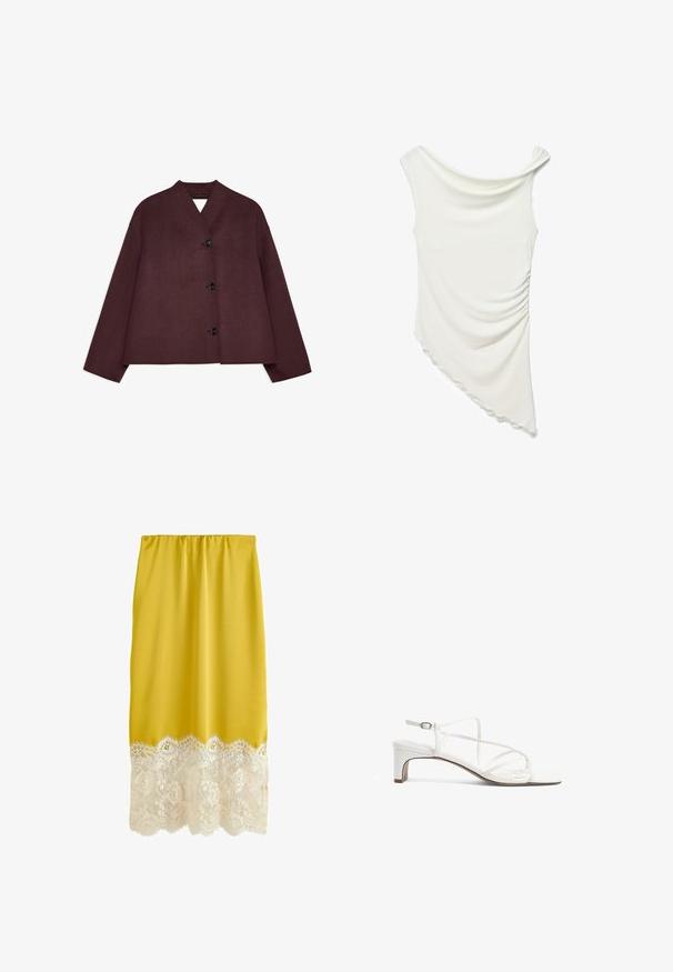 Veste bordeaux avec un design court, des manches larges et un décolleté en V profond. Présente quatre boutons noirs à l'avant et un tissu texturé.; Haut sans manches blanc cassé avec col drapé, ourlet asymétrique et détail froncé sur le côté, sur fond blanc.; Jupe jaune avec taille élastique et large bordure en dentelle blanche fleurie à l'ourlet.; Sandale blanche à talon avec un design de brides fines, bout carré et un petit talon bloc. Fini lisse avec un détail de bride réglable à la cheville.