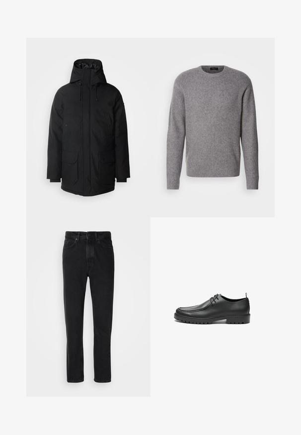 Schott Wintermantel - black; Grauer gerippter Pullover aus weichem Stoff, mit Rundhalsausschnitt und langen Ärmeln, der eine einheitliche Textur aufweist.; Schwarze Denim-Jeans mit geradem Beinschnitt, ausgestattet mit einem Knopf- und Reißverschluss, Fronttaschen und subtiler Textur.; Schwarze Lederschuhe mit glatter Oberfläche, runder Zehenform und dekorativer Naht. Mit einer Gummisohle mit Traktionsrillen und Schnürdesign.